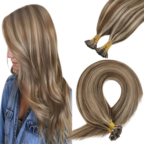 U Tip Human Hair Extensions Brown with Caramel Blonde Highlights #4/27