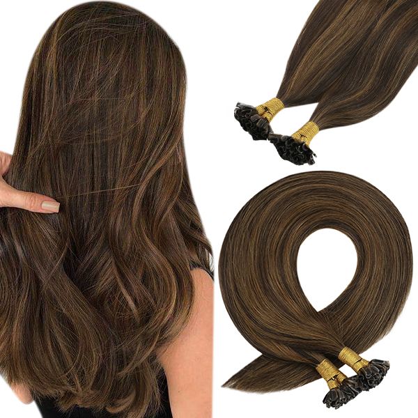 Keratin U Tip Human Hair Extensions Darkest and Medium Brown Highlights #2/6/2